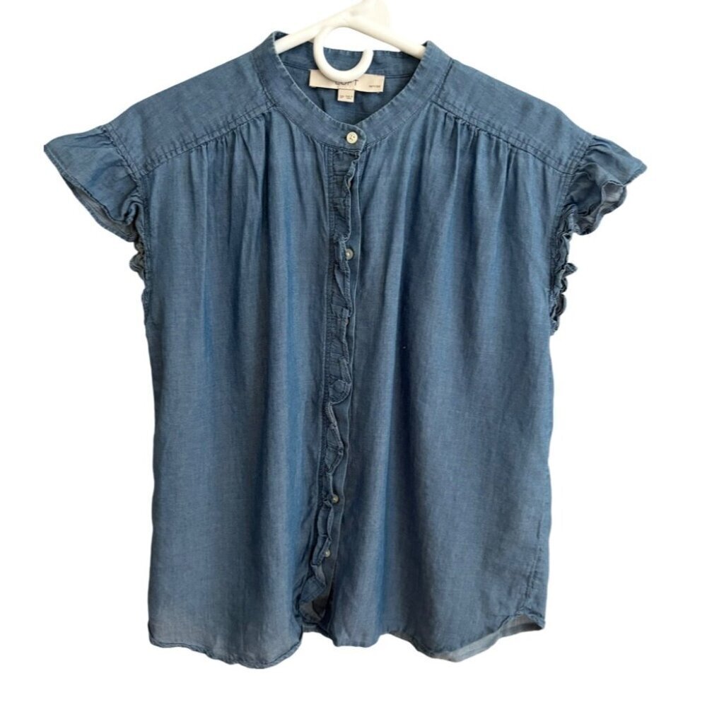LOFT Petite Chambray Ruffle Button Front Short Sleeve Blouse Size Small